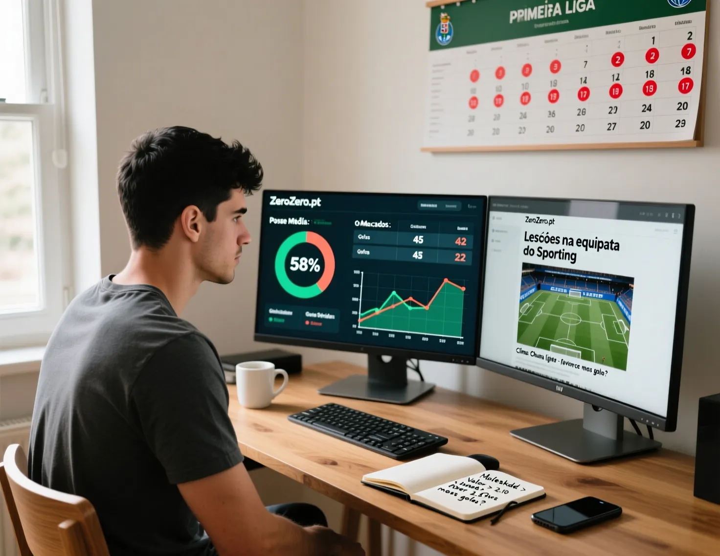 Profissional analisando estatísticas desportivas em computador com dois monitores