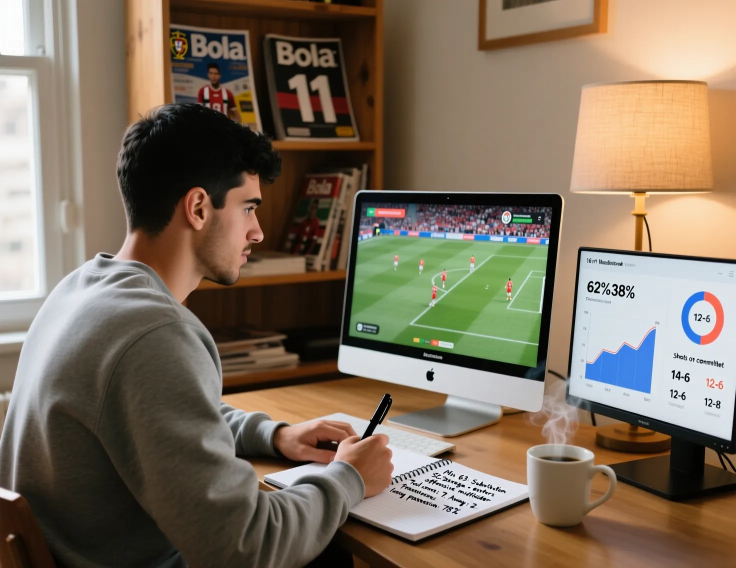 Homem analisando jogo de futebol no laptop enquanto toma notas