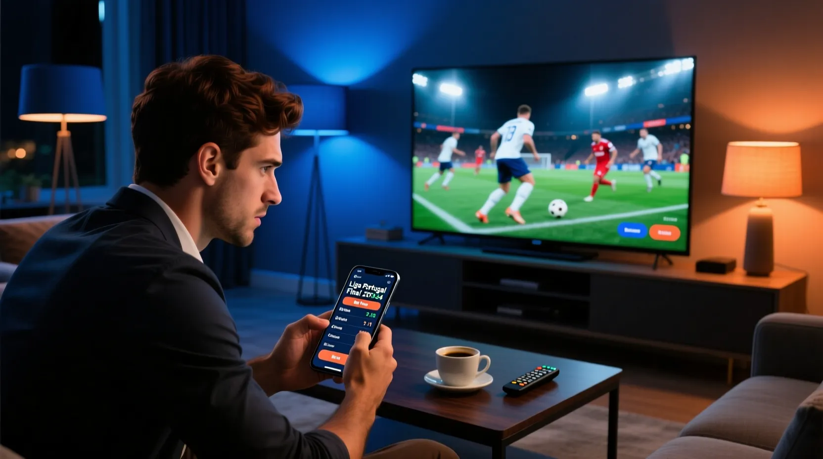 Homem a assistir jogo de futebol ao vivo na televisão enquanto usa aplicação de apostas no smartphone