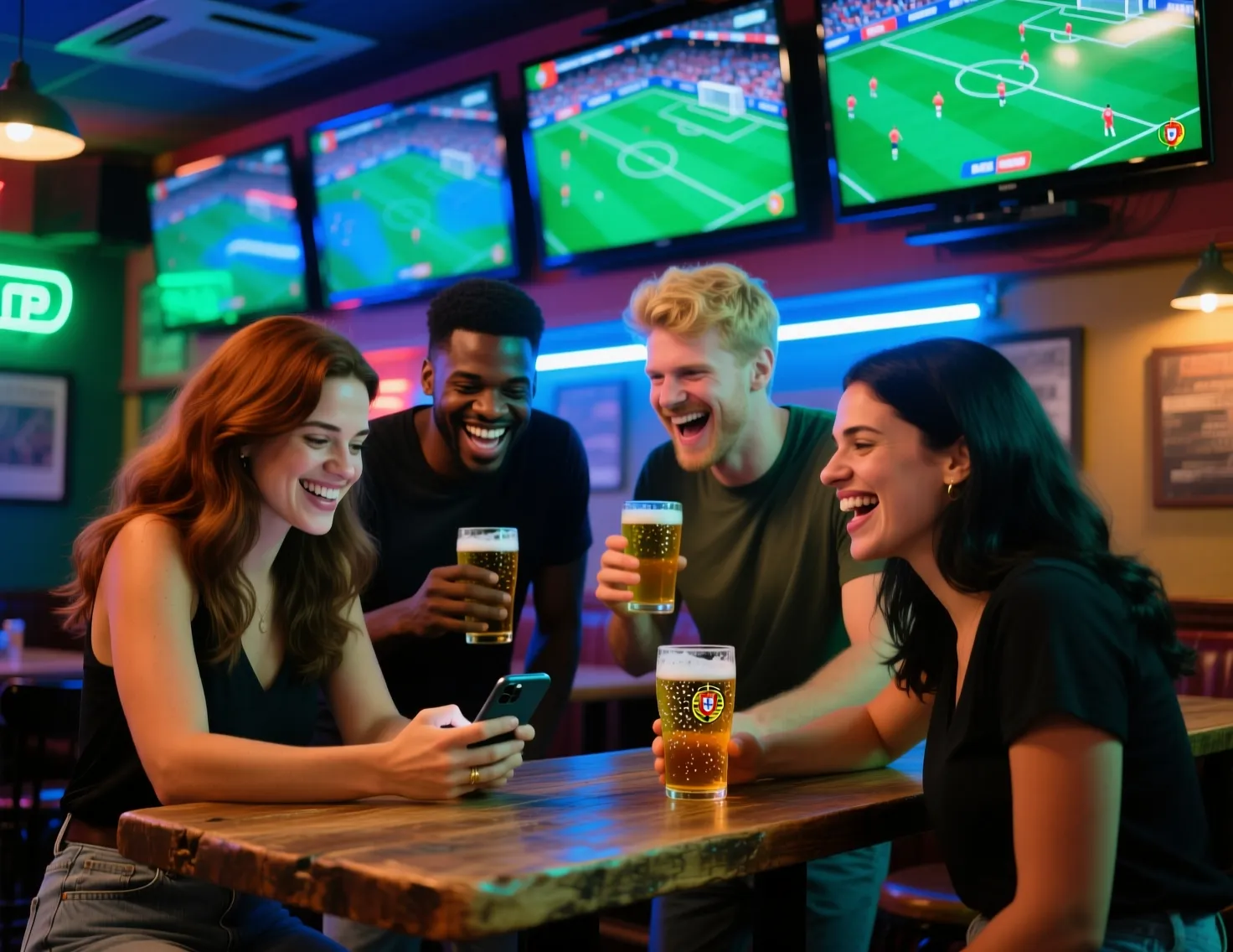 Grupo de amigos entusiasmados a assistir partida de futebol num bar desportivo