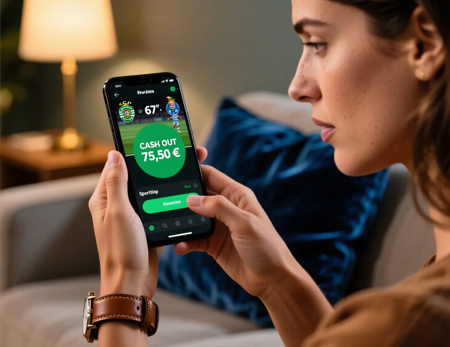 Mãos a segurar smartphone com aplicação de apostas, momento de decisão de cash out