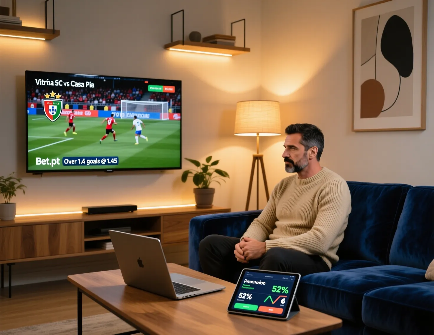 Sala de estar moderna com laptop e televisão mostrando jogo de futebol ao vivo