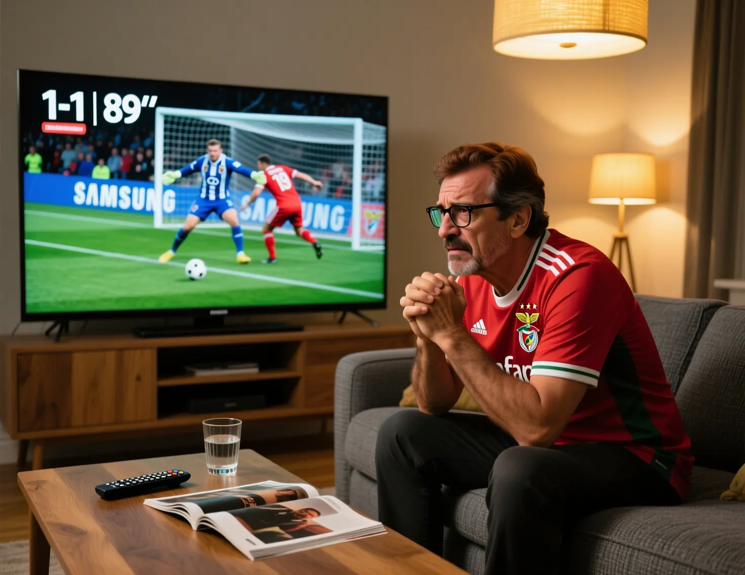 Torcedor assistindo jogo de futebol intenso na televisão com expressão de ansiedade
