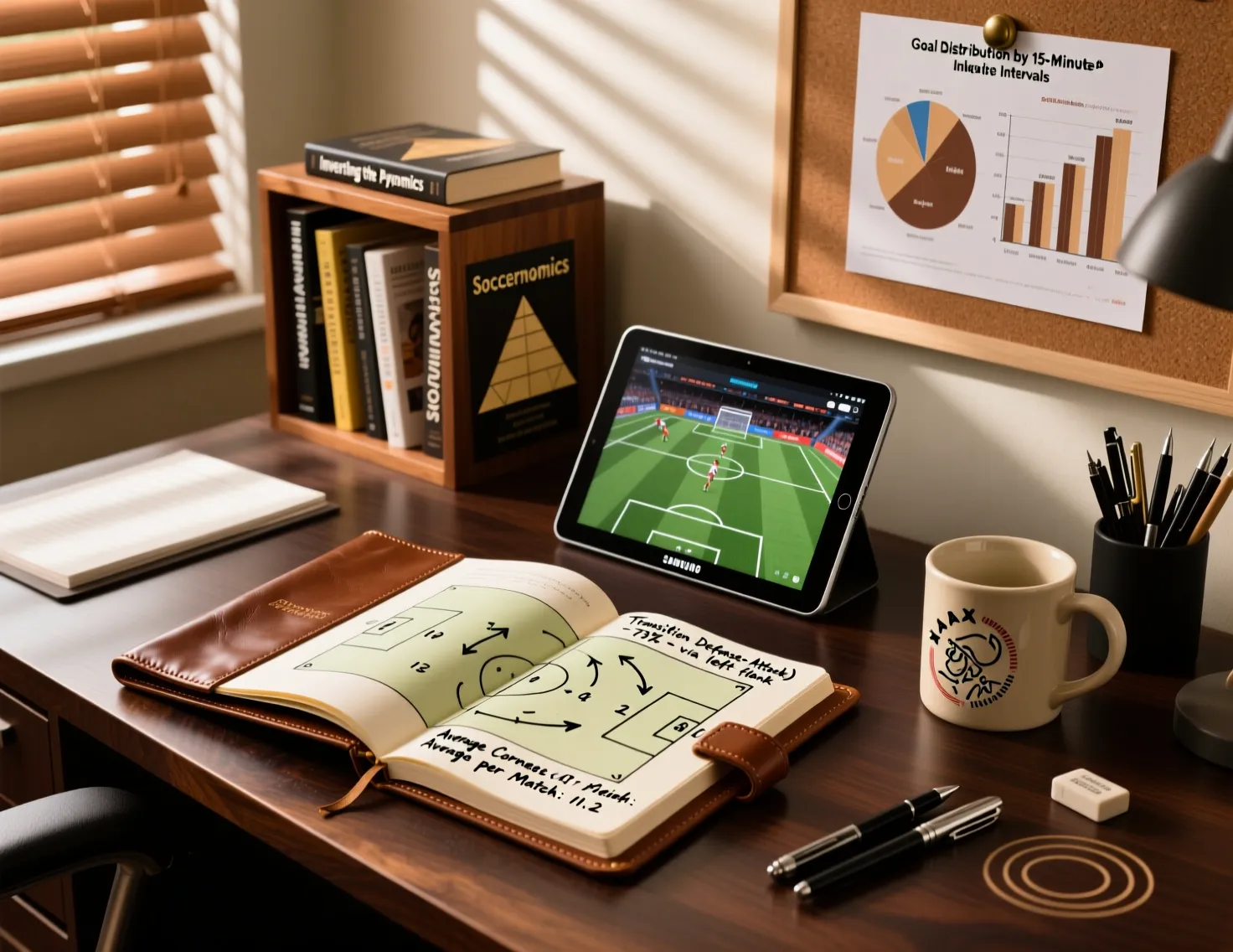 Espaço de trabalho de analista esportivo com caderno de táticas, tablet e livros de referência