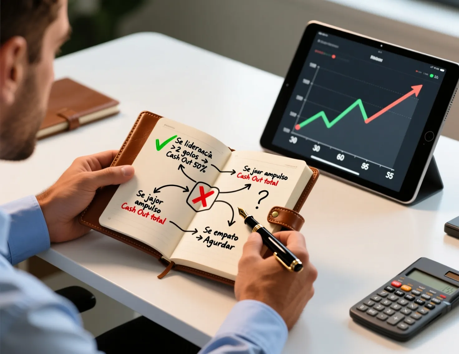 Mãos segurando caderno com fluxograma de estratégia de apostas e tablet com gráfico