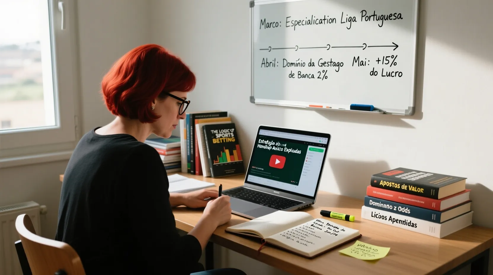 Pessoa estudando estratégias de apostas com livros e laptop em ambiente de aprendizagem