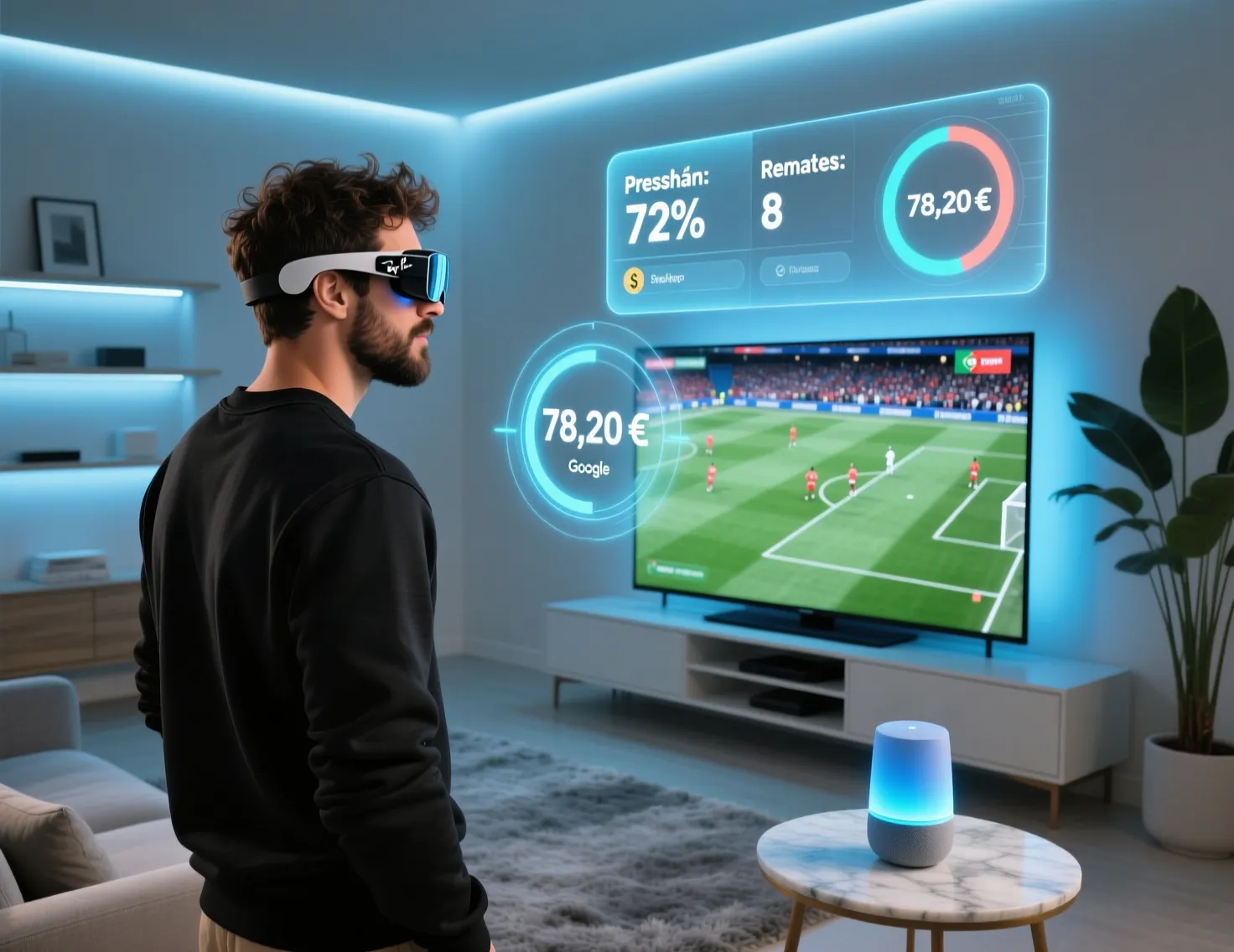 Homem com óculos inteligentes assistindo futebol em monitor curvo com interface holográfica