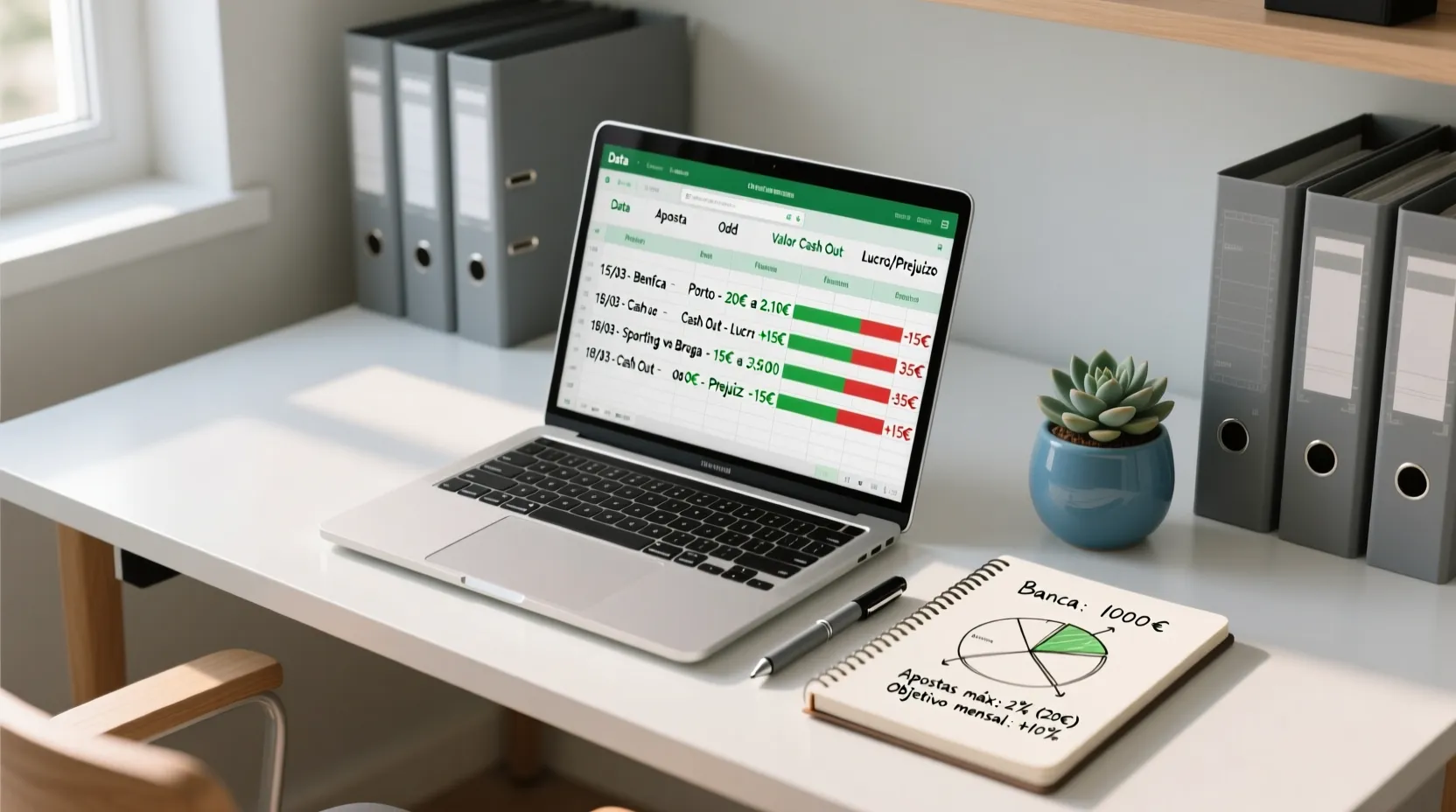 Mesa de escritório organizada com laptop mostrando gráficos de desempenho e caderno de anotações