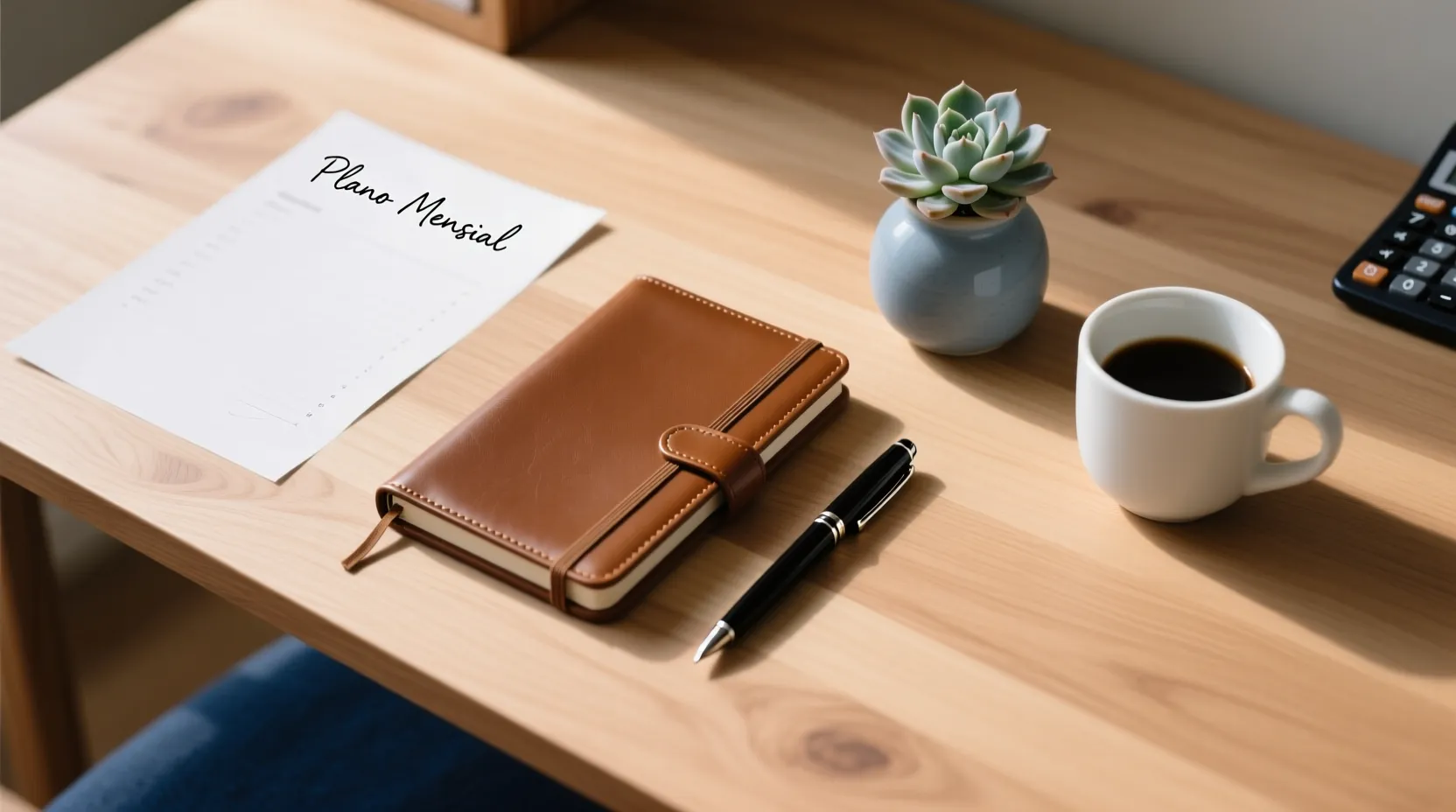 Mesa organizada com caderno e caneta representando planeamento e disciplina na gestão de banca