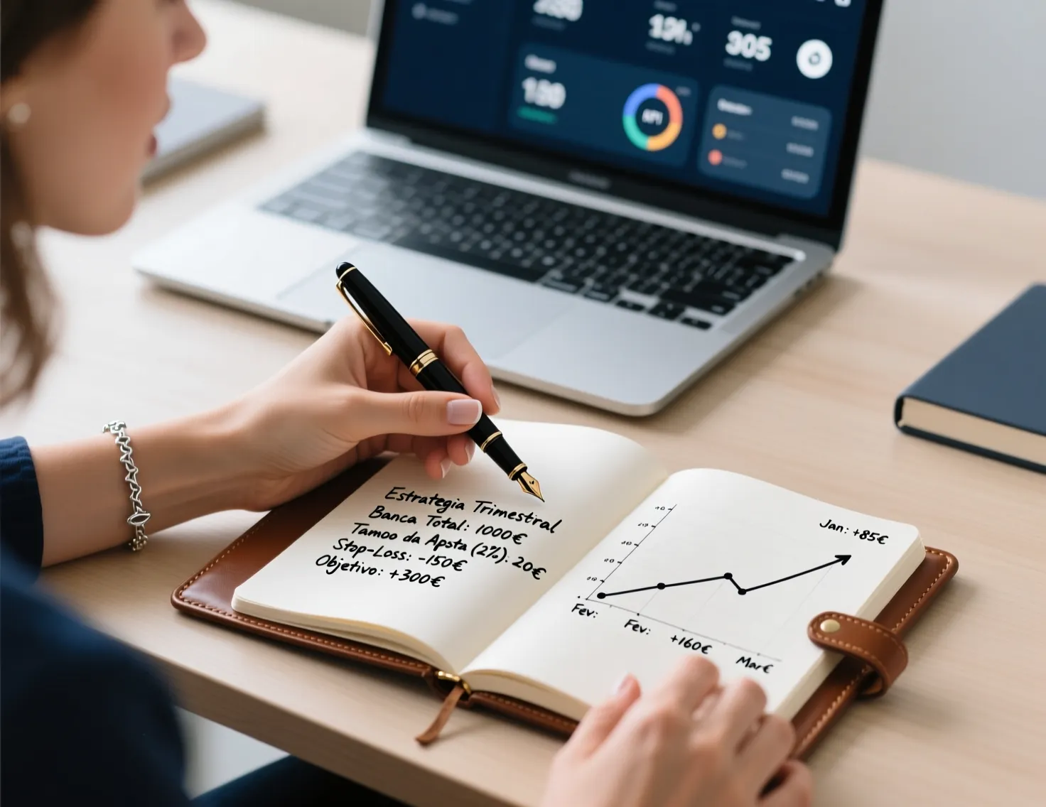 Mãos a escrever notas estratégicas num caderno com gráfico de progressão