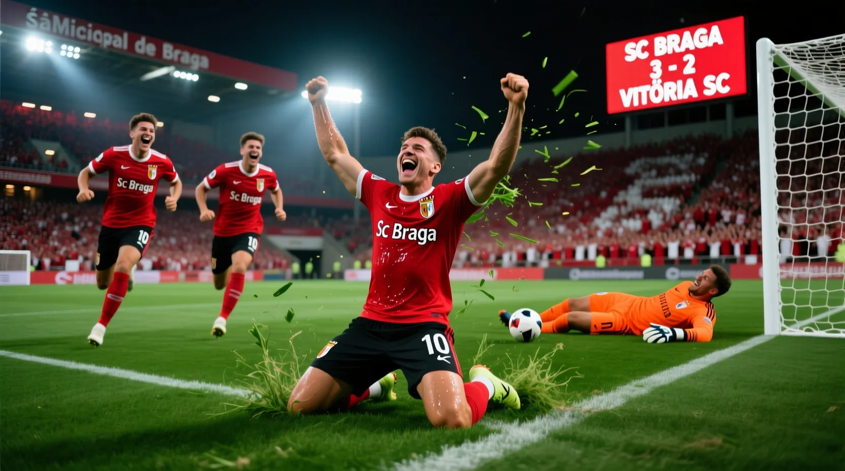 Jogador de futebol celebrando golo marcado com os braços levantados