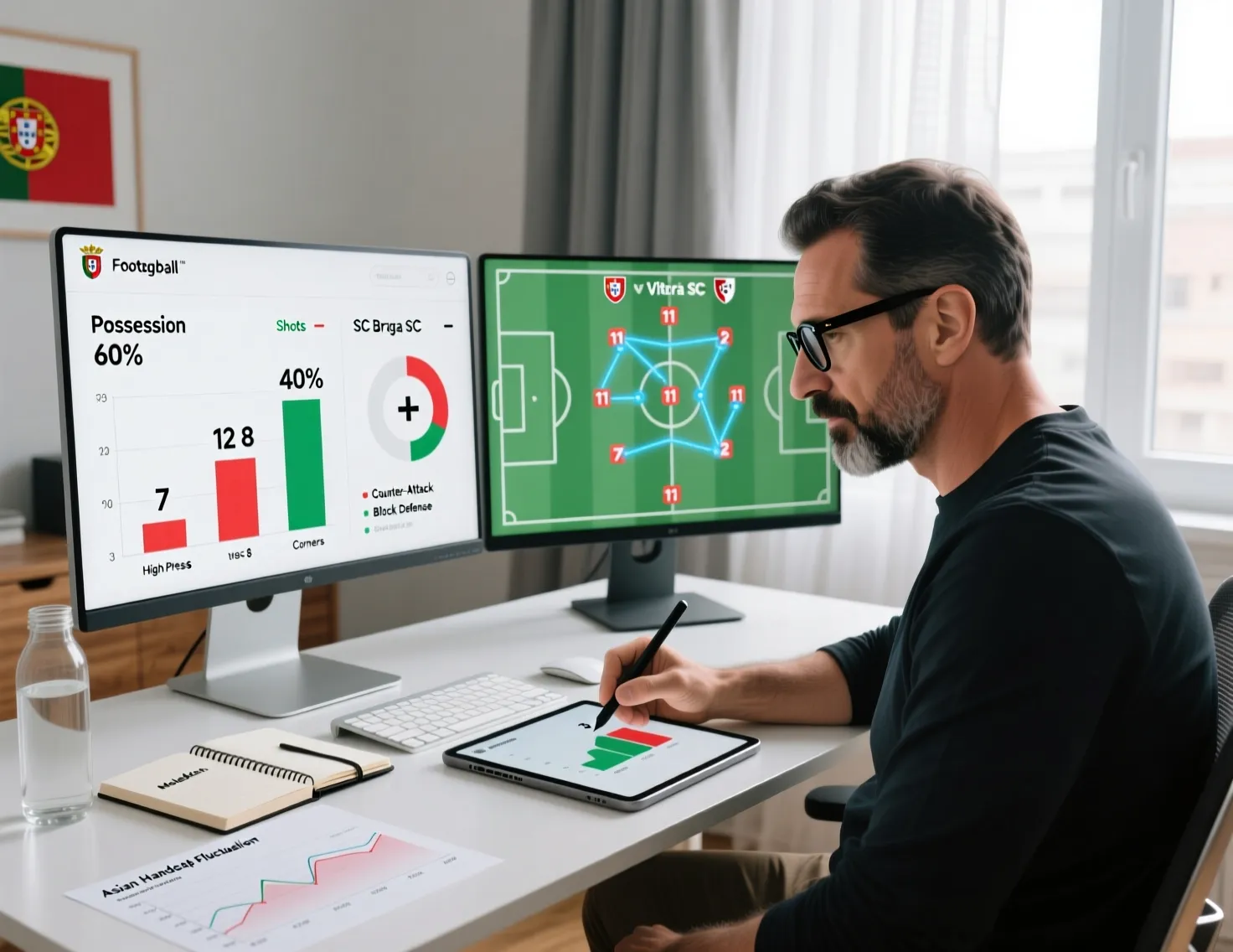 Analista de futebol trabalhando em escritório moderno com monitores mostrando estatísticas de equipas