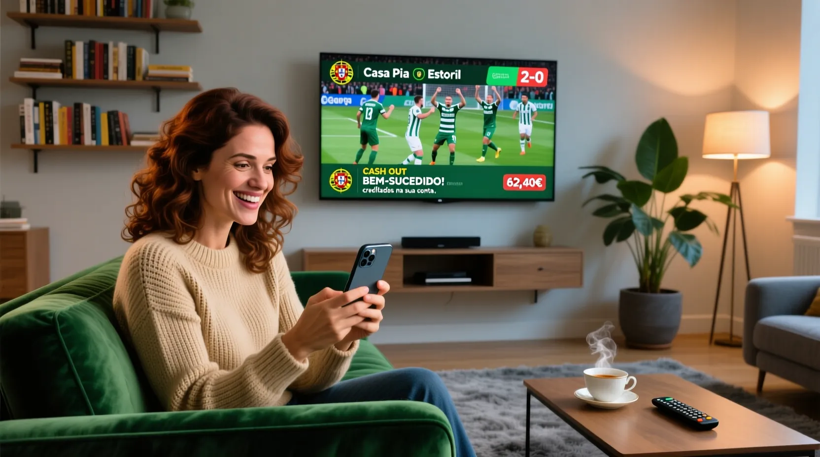 Mulher reagindo com entusiasmo ao smartphone enquanto assiste partida de futebol na TV