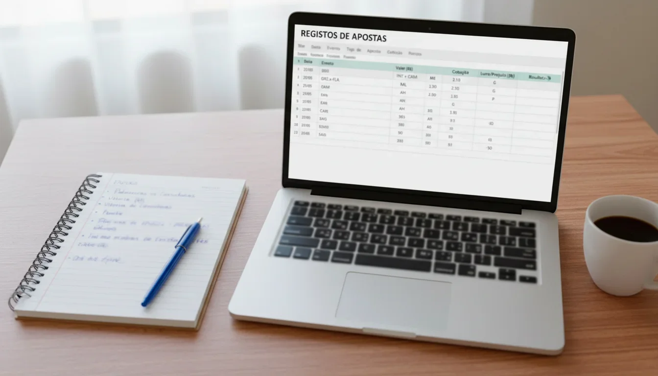 Caderno aberto com notas manuscritas e um portátil ao lado mostrando registos de apostas