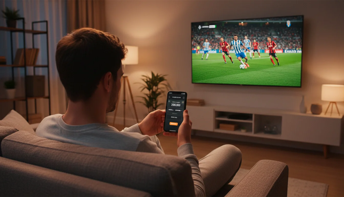 Pessoa a assistir a um jogo de futebol num ecrã enquanto segura um smartphone com uma aplicação de apostas