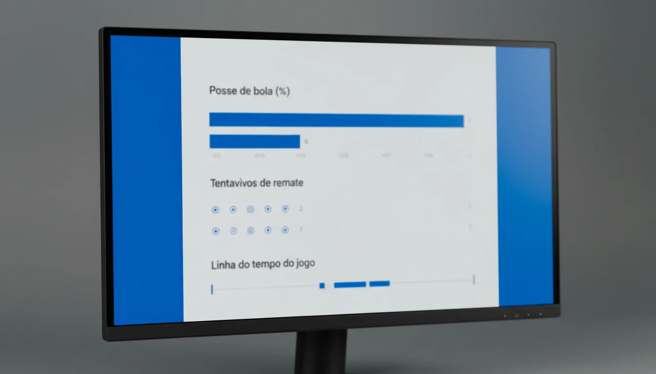Ecrã de computador mostrando estatísticas de um jogo de futebol com gráficos de posse de bola e remates