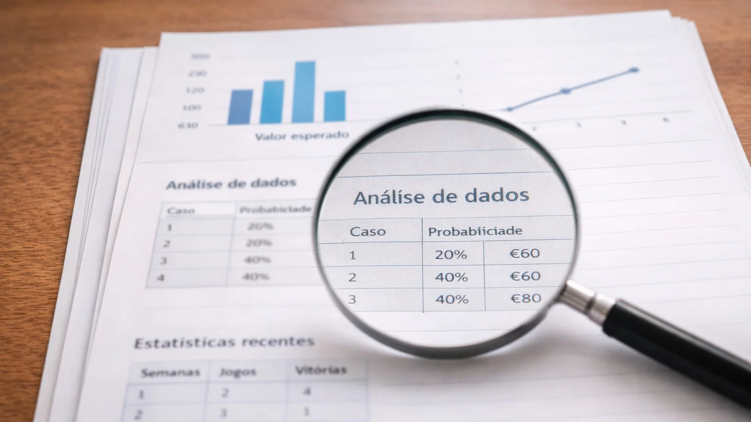 Lupa sobre documentos com dados e análises numa secretária