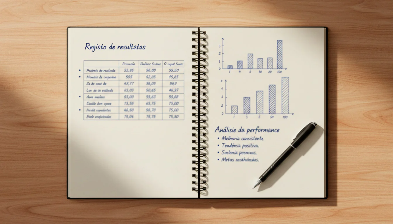 Caderno aberto com notas e gráficos escritos à mão sobre uma secretária