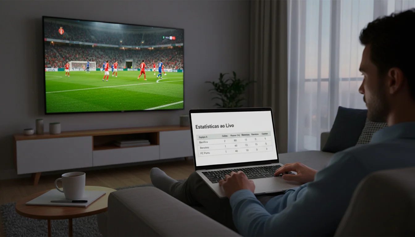 Pessoa a assistir a um jogo de futebol na televisão enquanto analisa dados num portátil