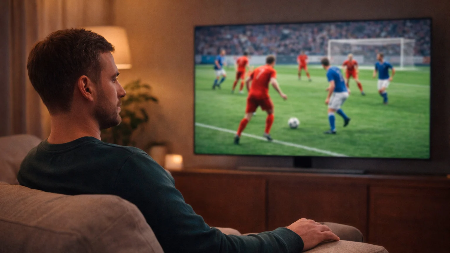 Pessoa a assistir a um jogo de futebol na televisão com expressão calma e controlada