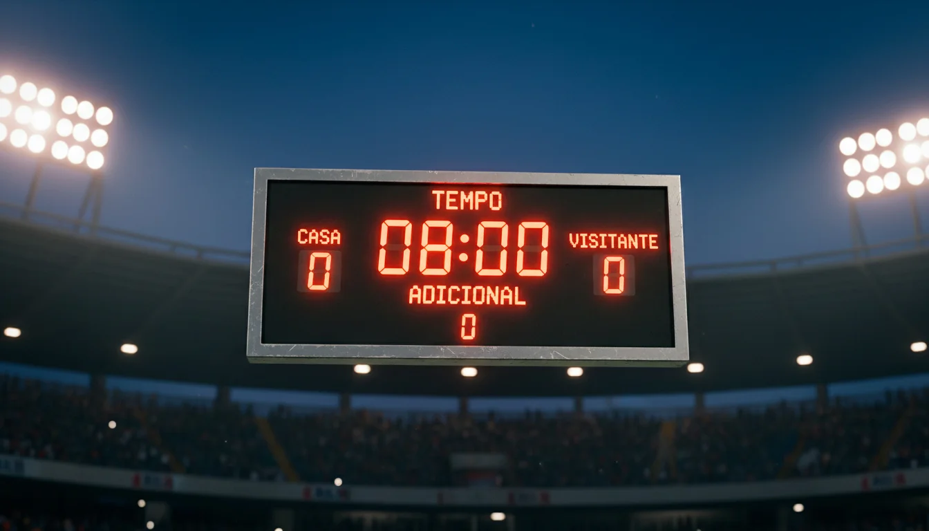 Relógio de estádio mostrando os minutos finais de um jogo de futebol