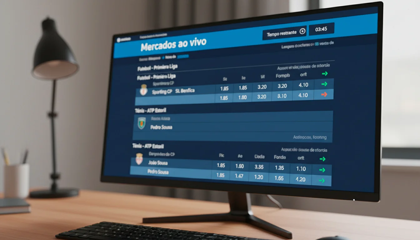 Ecrã de computador mostrando odds de apostas ao vivo com temporizador
