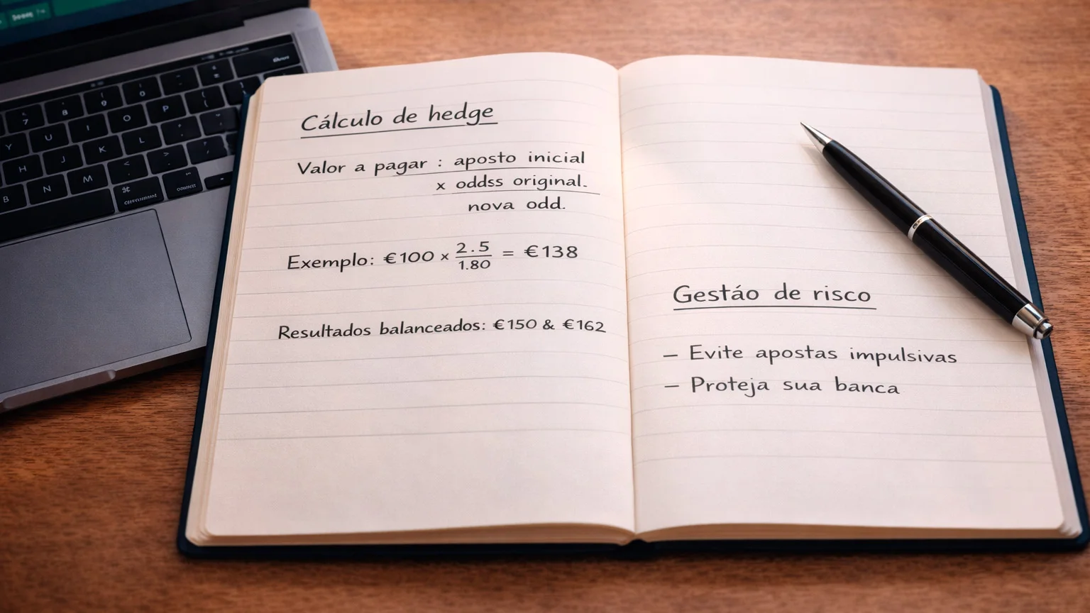 Caderno com anotações e cálculos sobre uma secretária junto a um portátil