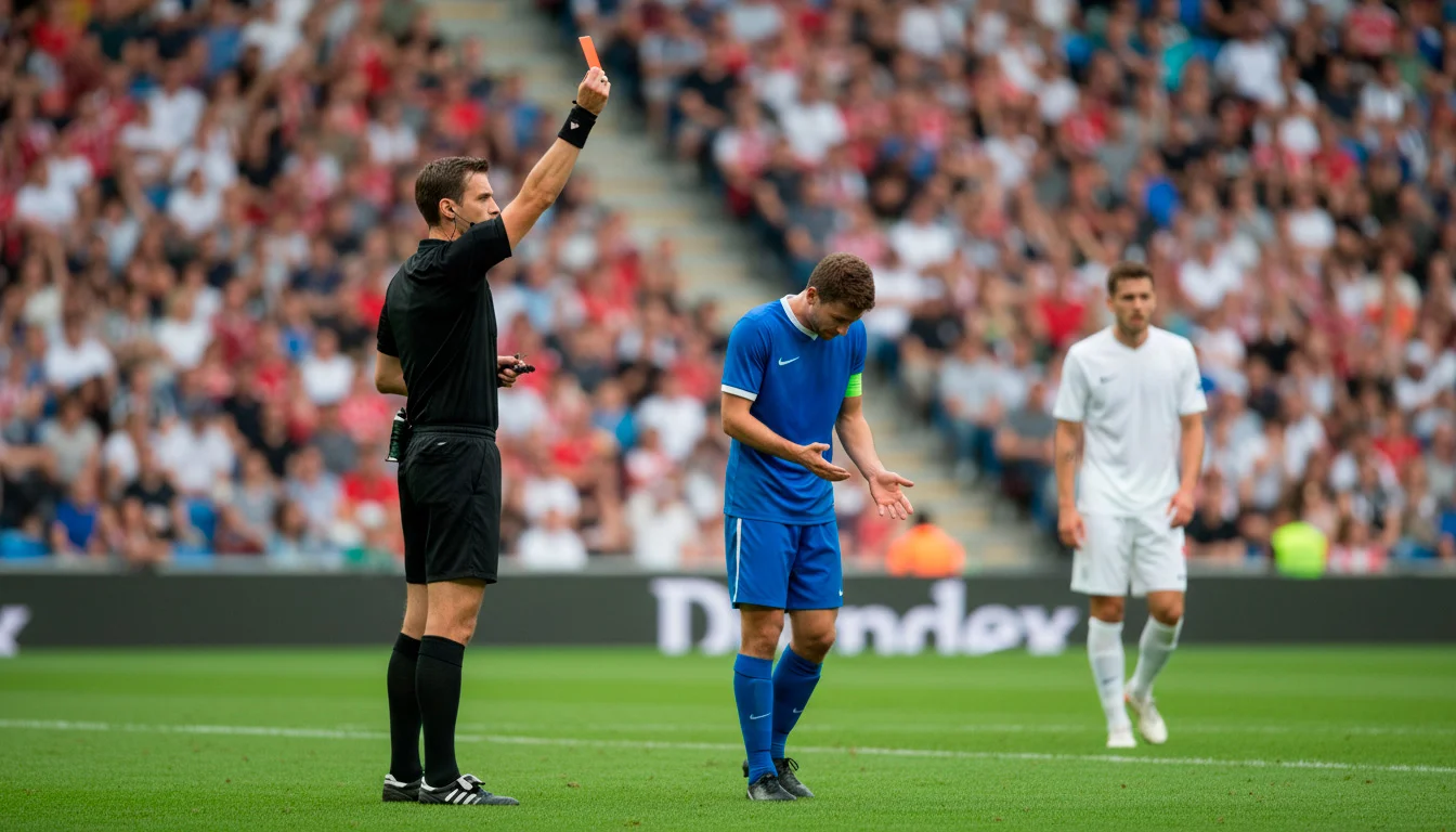 Árbitro de futebol a mostrar um cartão vermelho durante um jogo