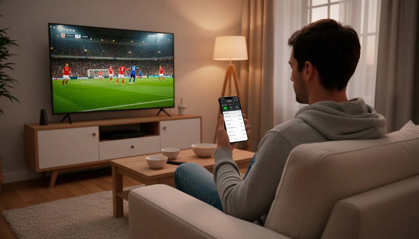 Pessoa a ver um jogo de futebol na televisão enquanto consulta o telemóvel