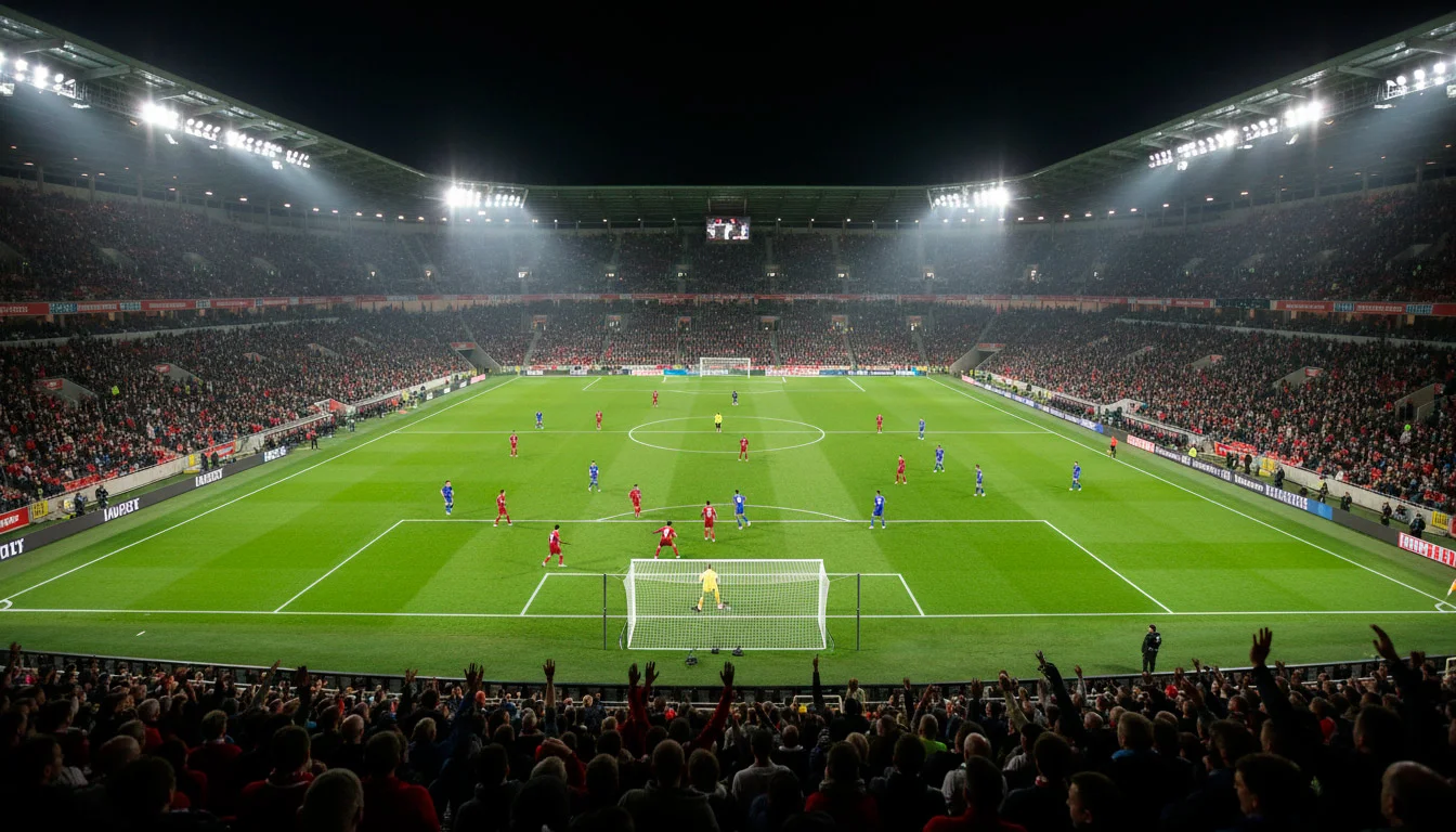 Estádio de futebol cheio de adeptos durante um jogo noturno com holofotes