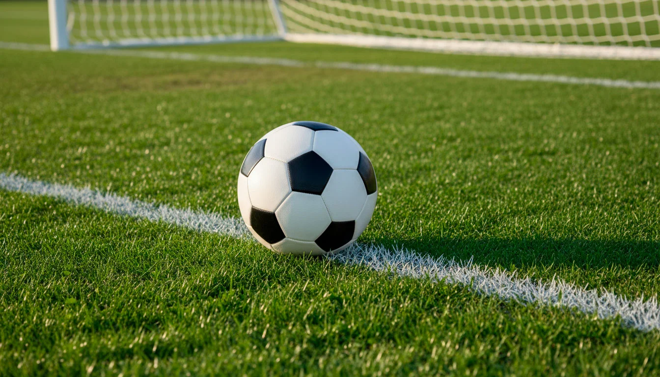 Bola de futebol junto à linha de golo de uma baliza num campo relvado