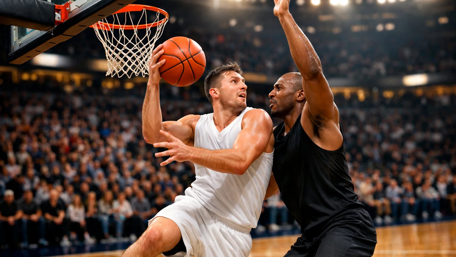 Jogadores de basquetebol em ação durante um jogo numa arena iluminada