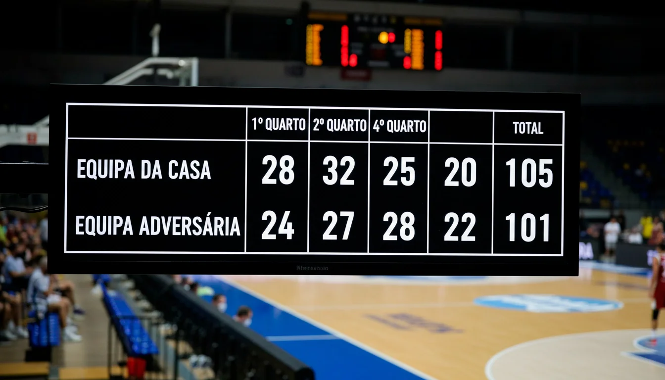 Tabela de marcador de basquetebol mostrando pontuação por quartos