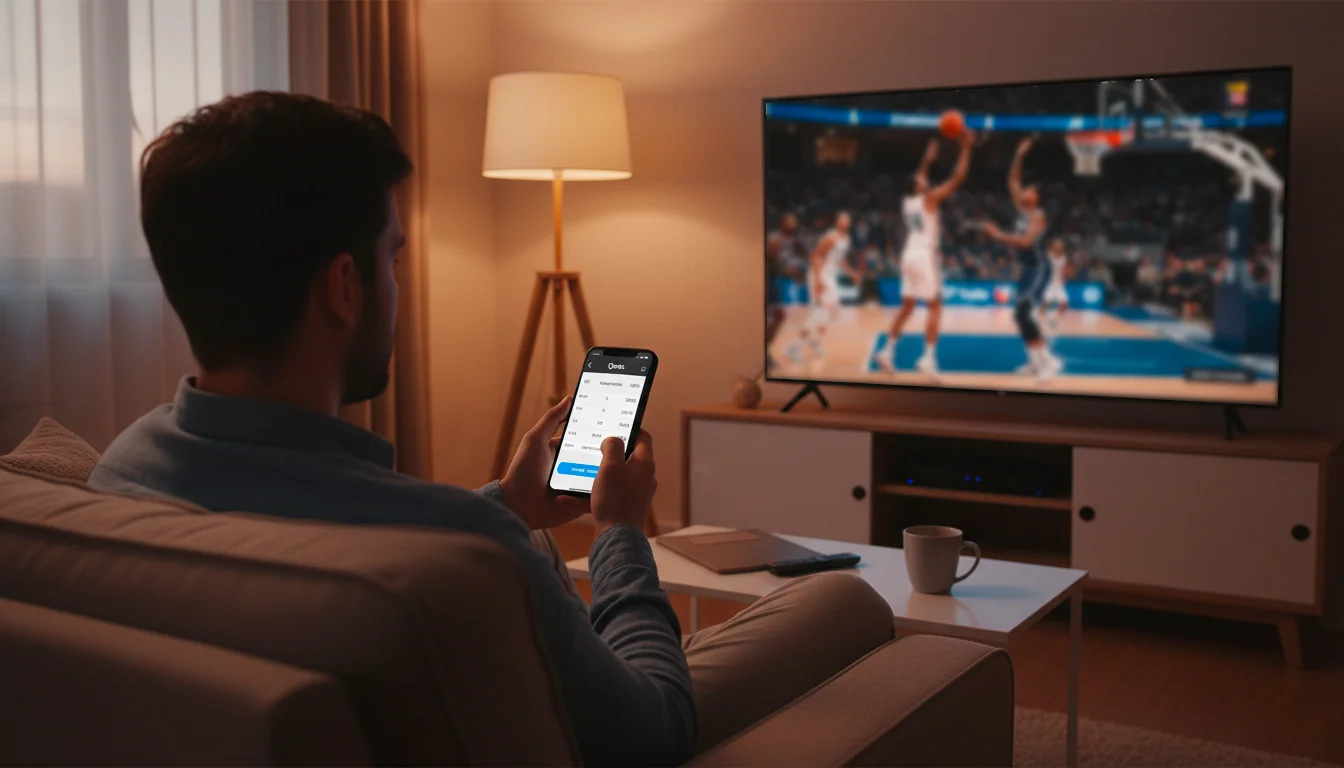 Pessoa a ver um jogo de basquetebol na televisão enquanto consulta o telemóvel