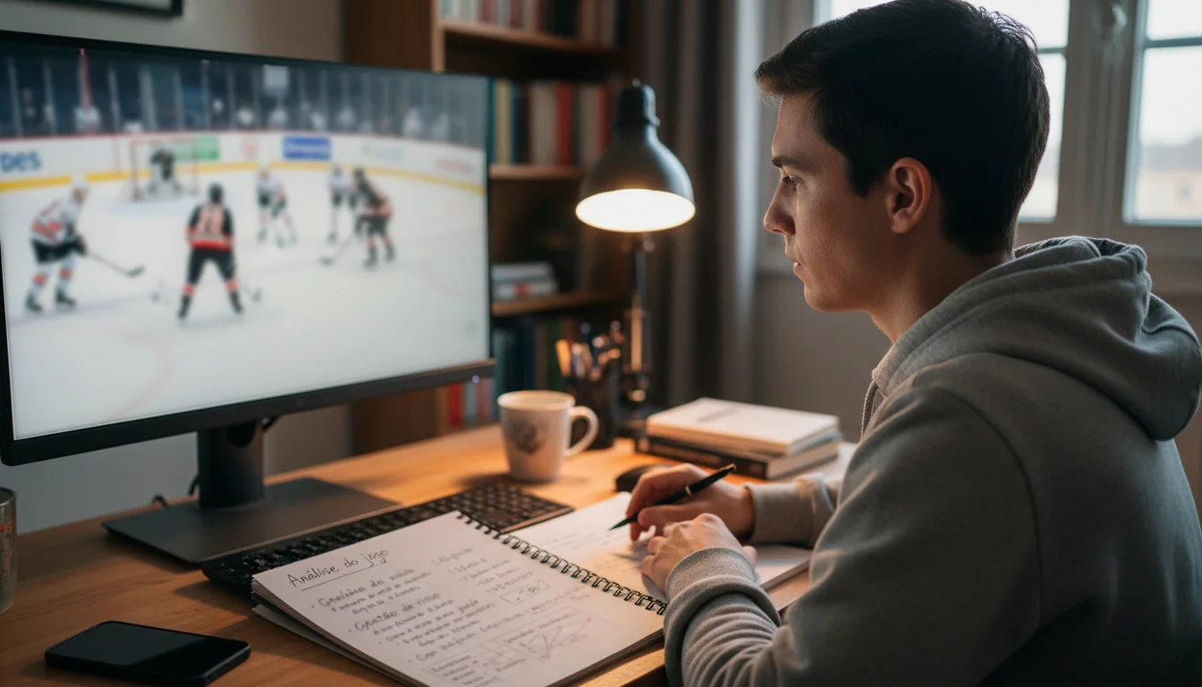 Pessoa a assistir a um jogo de hóquei num ecrã enquanto toma notas