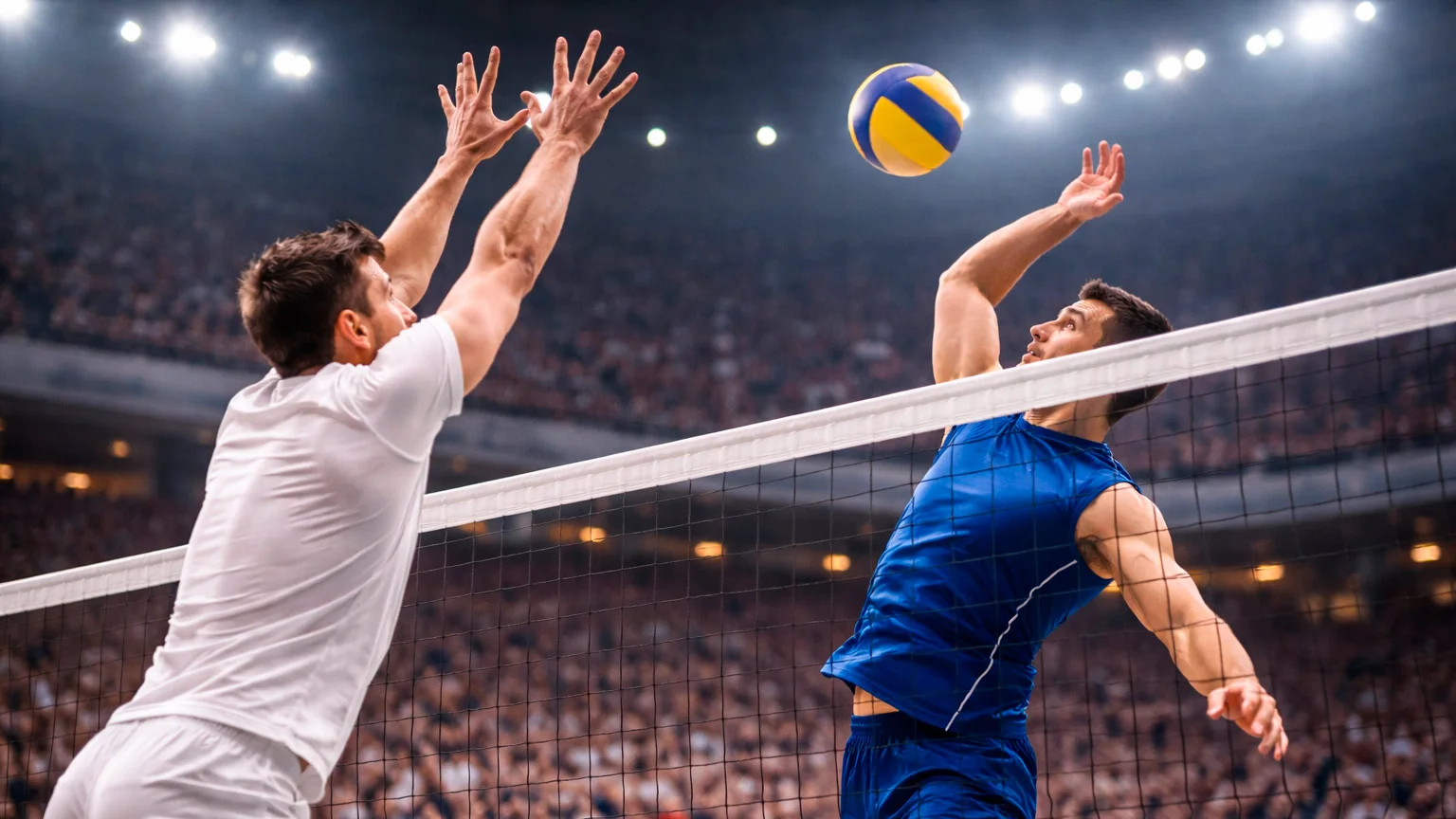 Jogadores de voleibol em ação durante um jogo junto à rede