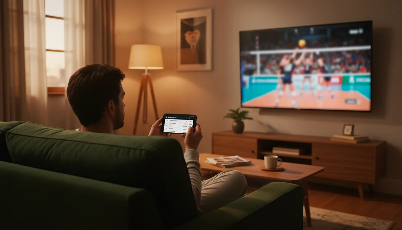 Pessoa a ver voleibol na televisão com telemóvel na mão