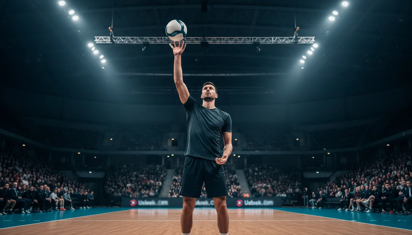 Jogador de voleibol a preparar-se para servir com a bola na mão