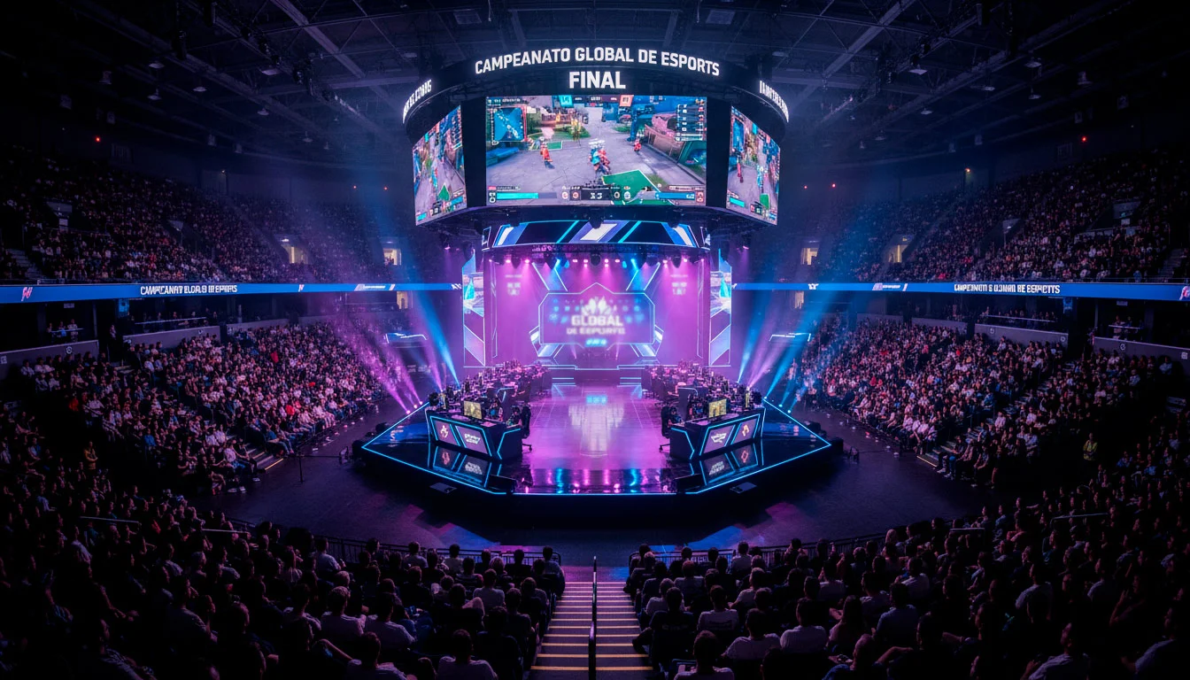 Arena de eSports com ecrãs gigantes e jogadores em competição