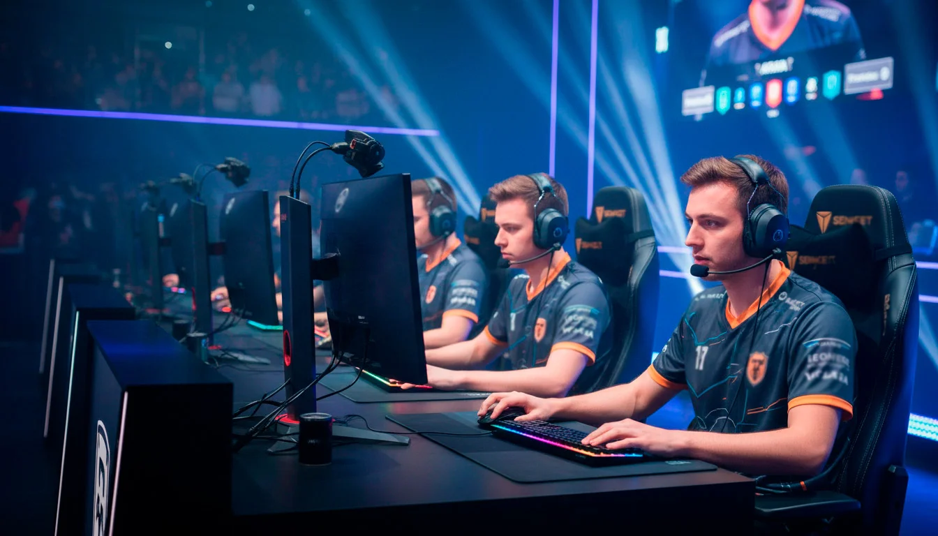 Jogadores profissionais de eSports em frente a monitores durante uma competição