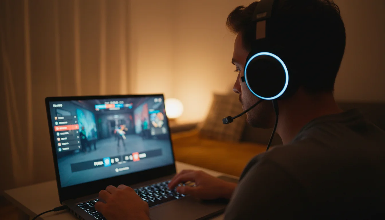Pessoa a ver uma transmissão de eSports num portátil com auscultadores