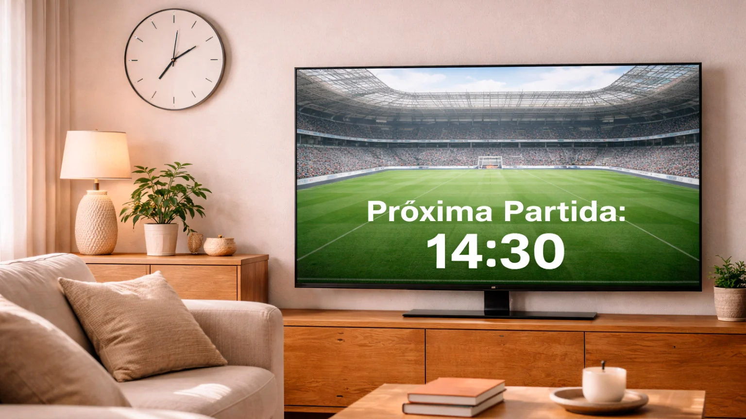 Relógio de parede junto a um ecrã de televisão mostrando um campo de futebol antes do início do jogo