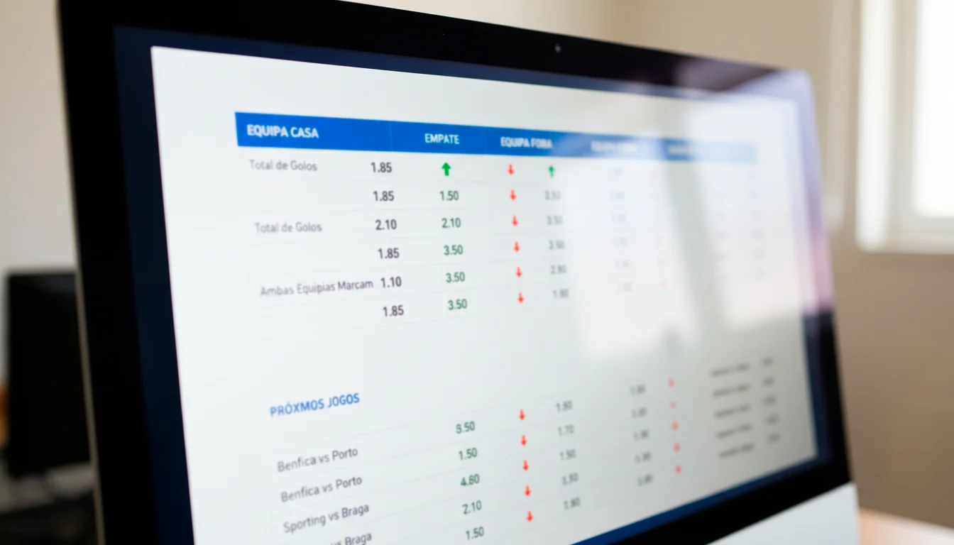 Ecrã de computador mostrando uma tabela de odds com setas verdes e vermelhas a indicar subidas e descidas
