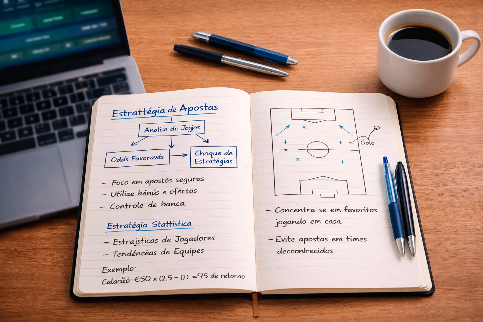 Mesa de trabalho com um bloco de notas com diagramas e estratégias escritas à mão, um portátil e uma chávena de café