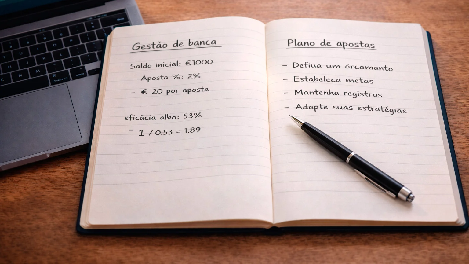 Caderno com anotações e caneta sobre uma secretária junto a um computador