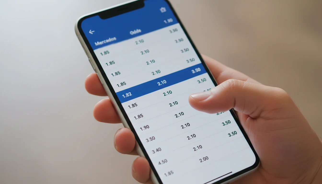 Mão a interagir com ecrã de smartphone mostrando uma aplicação de apostas