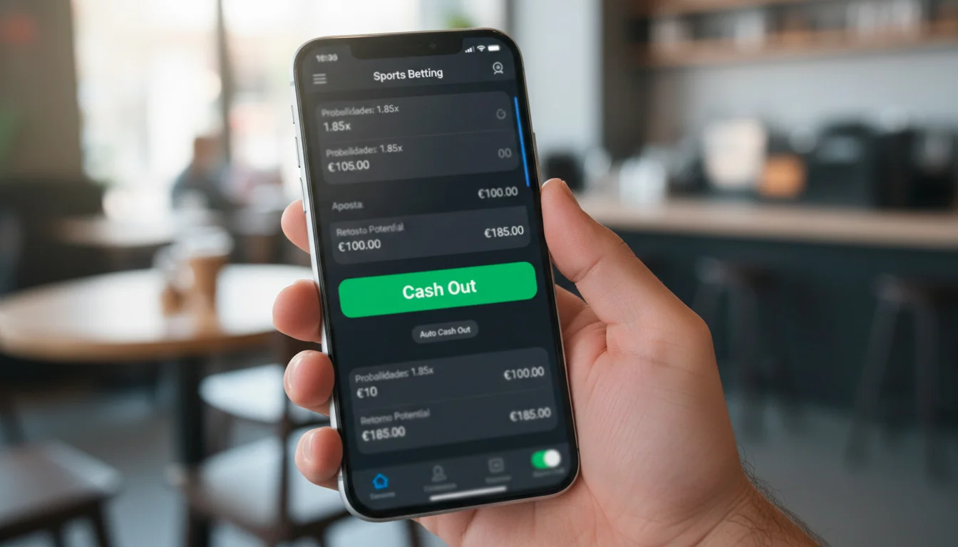 Ecrã de smartphone mostrando interface de apostas com opções de cash out