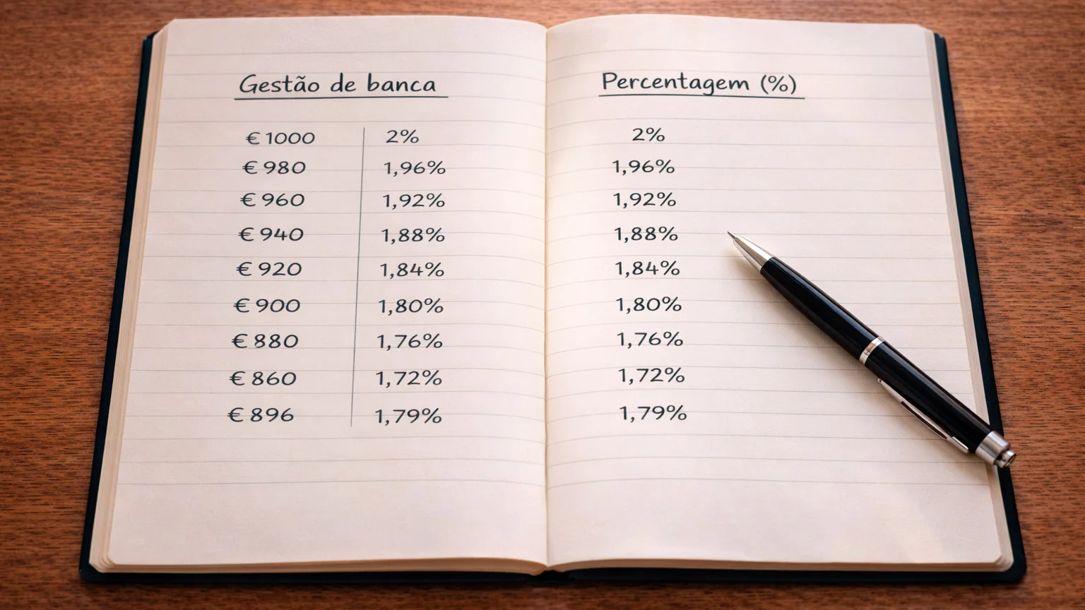Caderno com cálculos financeiros e caneta sobre uma secretária