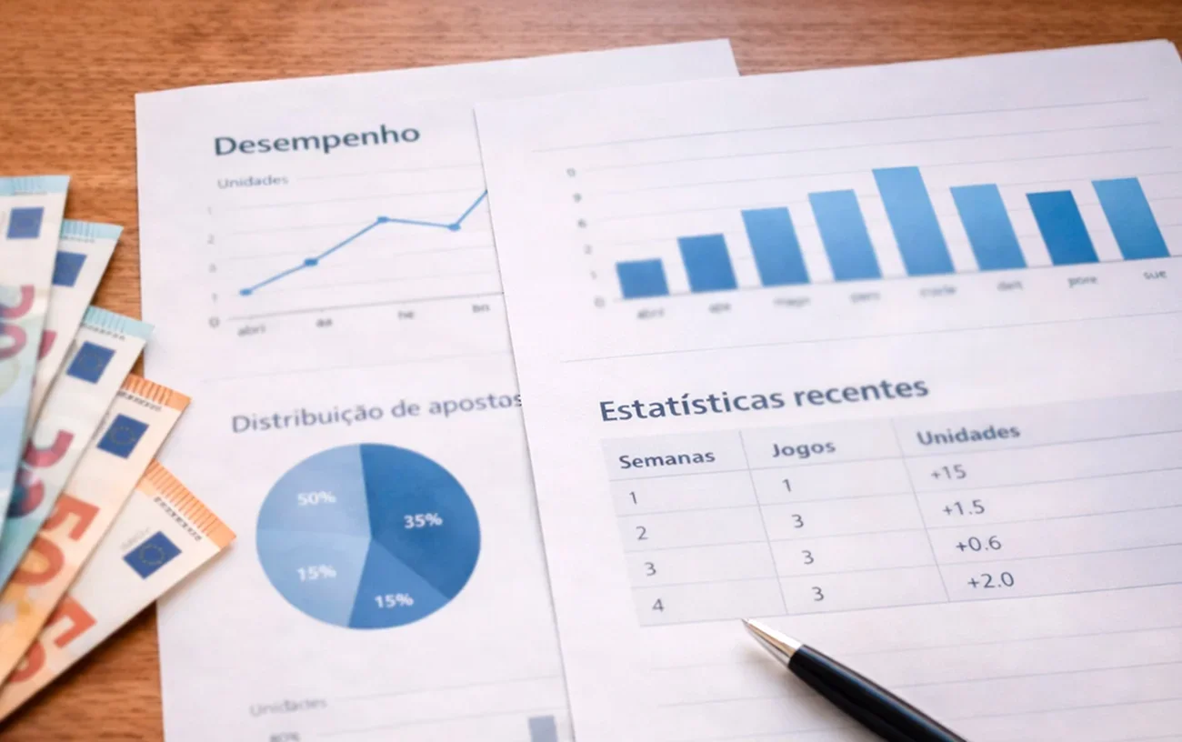 Calculadora e notas de euro sobre uma mesa com gráficos