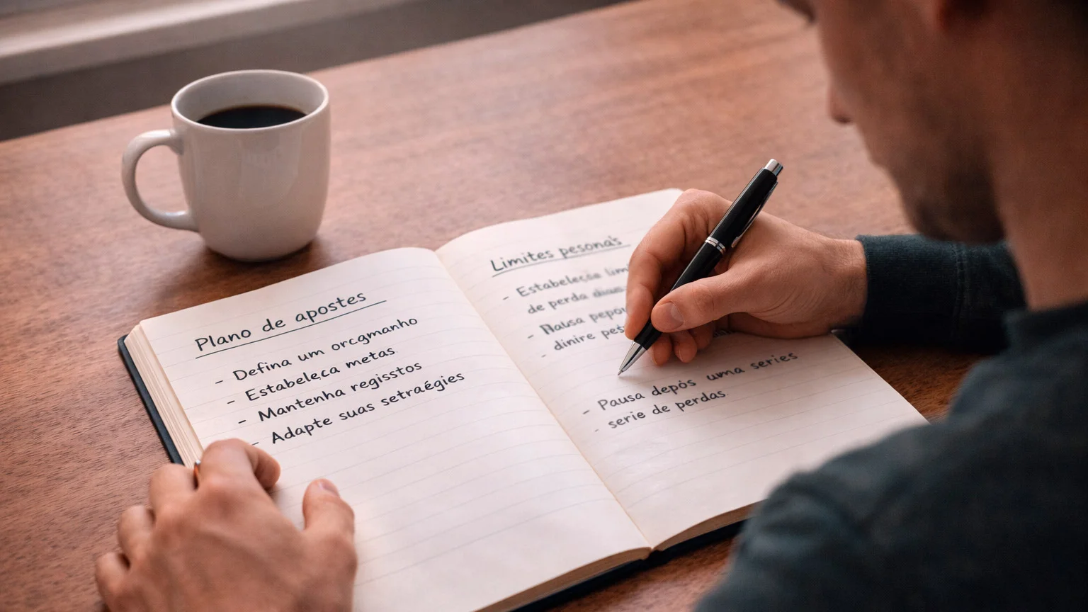 Pessoa sentada a planear num caderno com uma chávena de café ao lado